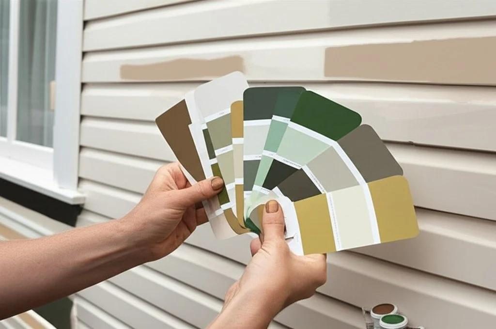 Comparing exterior paint colour swatches against weatherboard cladding