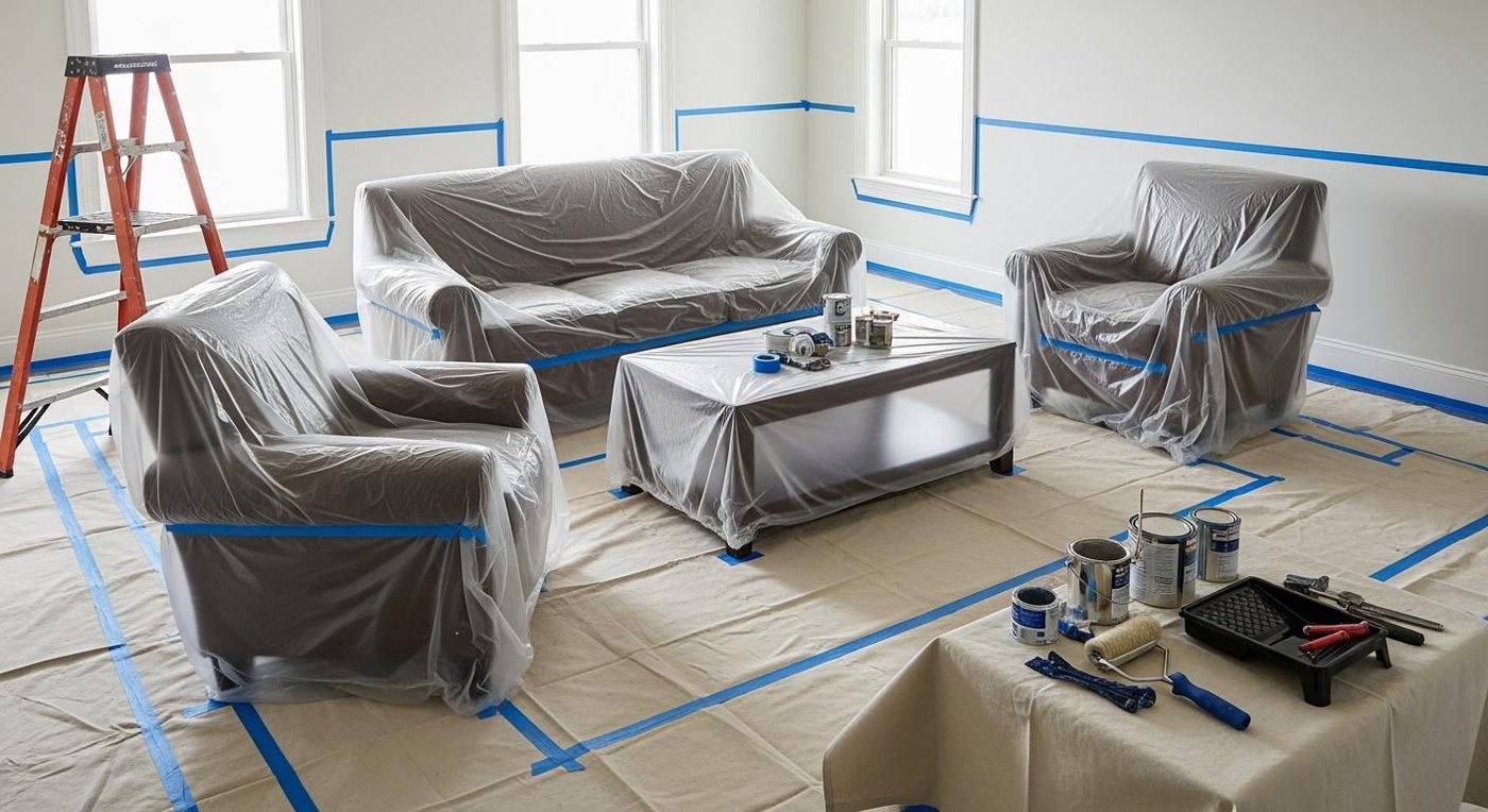 Living room prepped for interior painting with covered furniture, drop cloths and masking tape