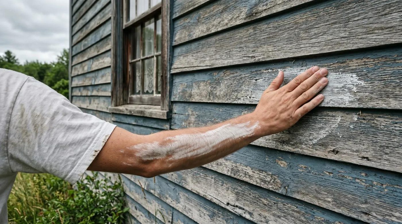 Weathered timber cladding with faded, peeling paint due for a repaint